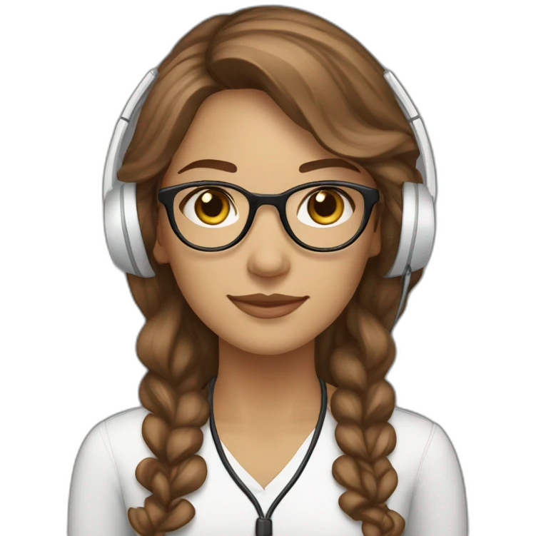 Support analyst woman white, brown curled long hair, brown eyes, Brazilian, white glasses, with a computer and a headset emoji