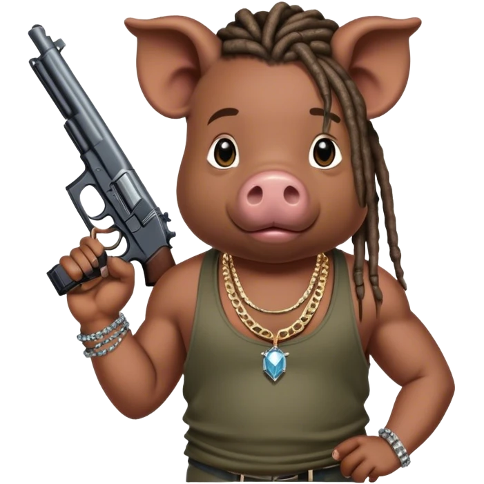 african-american race pig with dreads looking gangster with gun and tank top, with diamond blinging chain emoji