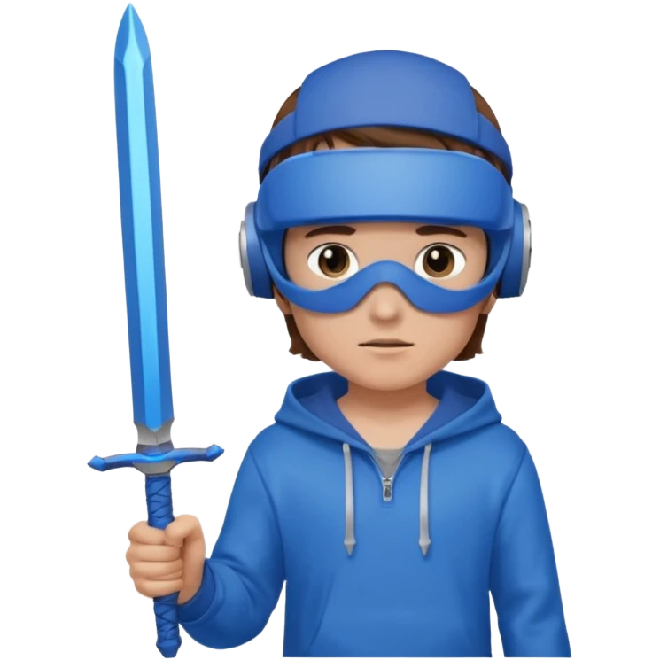 a boy with brown hair, a blue vr headset. a blue hoodie and a blue sword emoji
