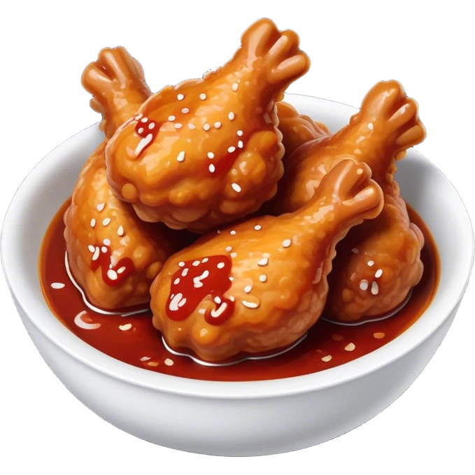 Korean Fried Chicken Cinematic Realistic Korean Fried Chicken Dish Emoji, depicted as bite-sized chicken chunks generously coated in a glossy, spicy sauce, in a bowl. emoji