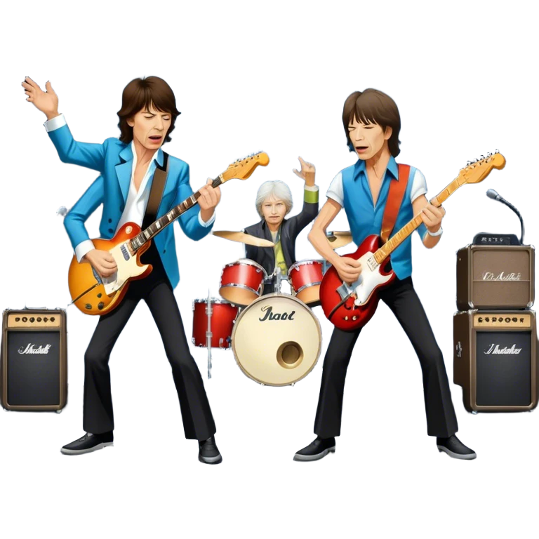 Icon for Rock Music: The Rolling Stones live on stage with Mick Jagger performing vocals, Keith Richards playing guitar, and Charlie Watts on drums. Iconic stage lights, electric guitars, and energetic crowd. Transparent background. emoji