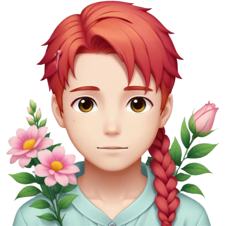 Gorgeous pastel red hair with a thin braid on the side anime style shojo guy with blushing face and flowers aesthetic trending style outside emoji