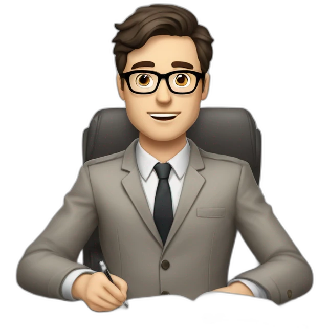 Pale skinned Fit Man With dark brown hair in gray jacket with emblem Ψ, beige office shirt and vintage glasses sitting In a soft chair with a notebook and a pen in his hands emoji