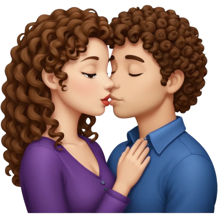 Man kissing a woman with curly brown hair emoji