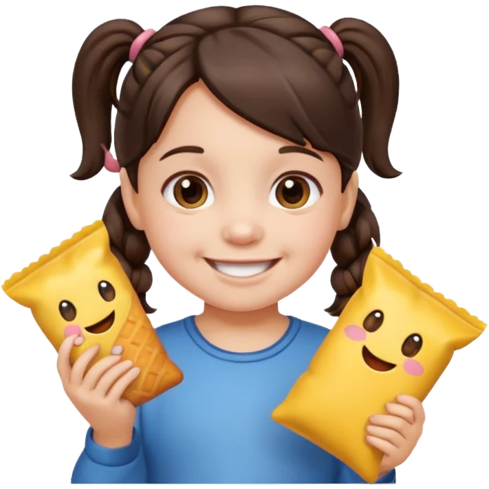 Toddler emoji with two pigtails dark brown hair, fair skin, holding snacks emoji