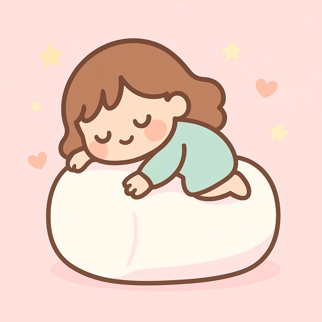 brunette girls sleeping on a giant marshmallow, dreamy, soft, pastel colors, cute illustration, gentle and whimsical style emoji