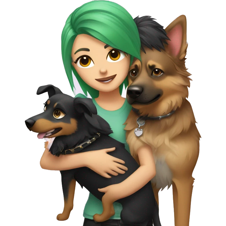punk girl with green hair hugging a german shepard dog and an australian shepard dog emoji
