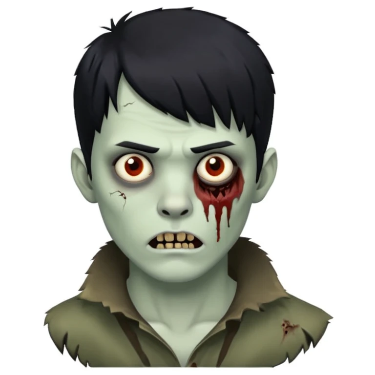 Zumbi homem com o cabelo no corte Wolf cute de franja lisa preta emoji