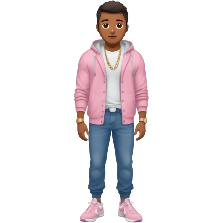 Handsome Black guy with brown skin tone, with muscular build, wearing baggy dark denim jeans, a white t-shirt, pink and gray fuzzy cardigan, white Nike sneakers, a gold watch, and a dainty chain emoji