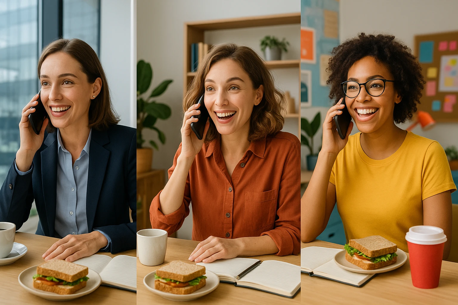 Three women in different office settings, each on the phone, communicating with each other during lunch break, diverse workspaces, friendly and professional mood, modern work environments, lively and social expressions. emoji