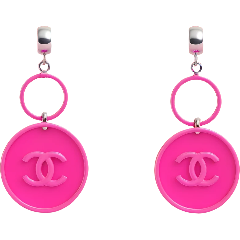 Remove any pearl elements, keep as glossy pink 3D emoji-style hoop earrings with dangling silver Chanel logos, luxurious, with no background. emoji