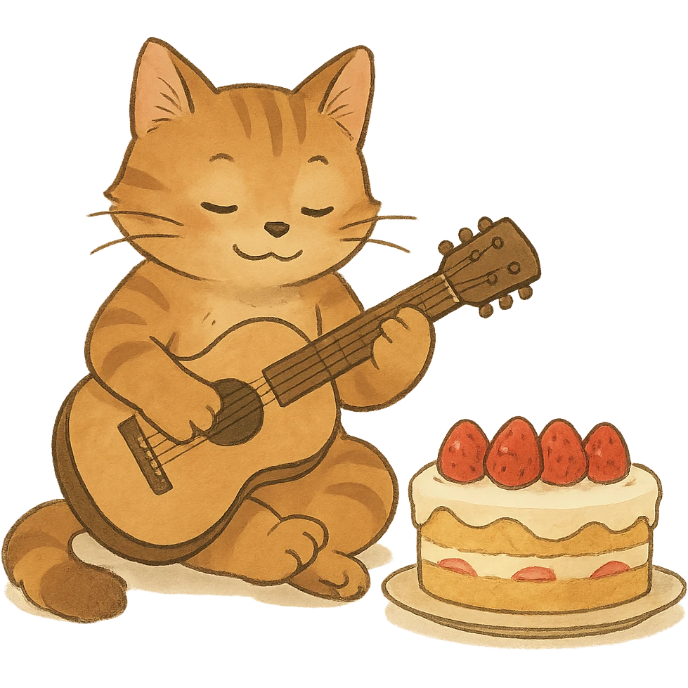 cat playing guitar next to a cake, soft Ghibli style emoji