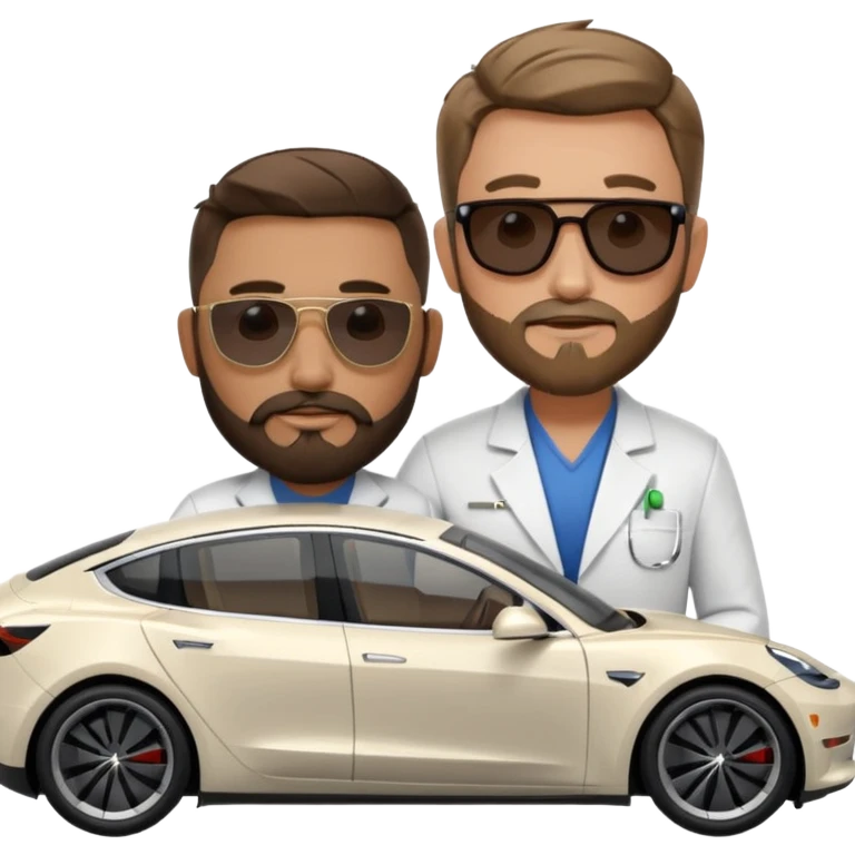 White tesla model 3 with a cool physician with dark blond hair, beard and dark sunglasses next to it emoji