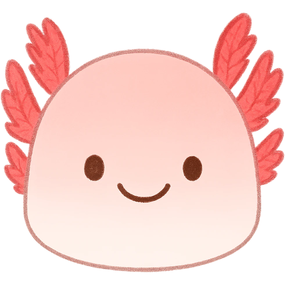 Add a simple smiley face to the axolotl head, keeping the style consistent with the original image. The original style is a cute, soft, pastel-colored illustration with a smooth and gentle look. Maintain this style in the edit. Remove the background entirely. emoji