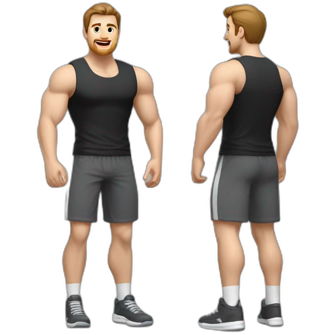 Full height Actively gesturing with hands Pale skinned fit man With the biceps and brown hair In dark gray sleeveless mike, black oversize sports shorts, watch and white sneakers emoji