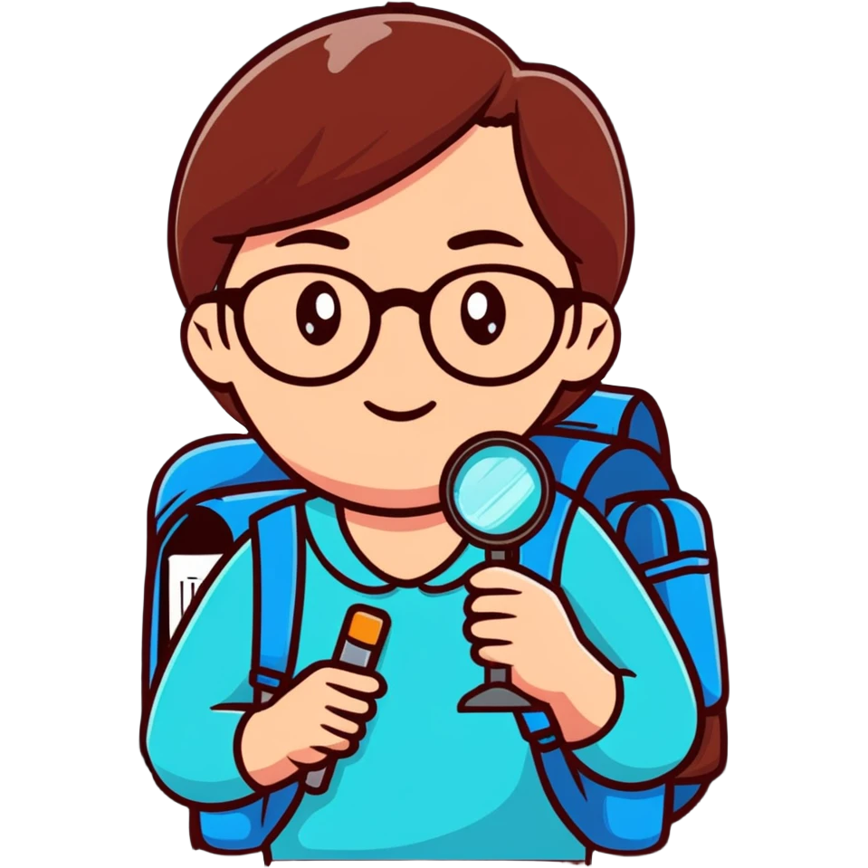 Cheerful woman hiker in her late 30s with glasses, backpack, and one magnifying glass in her right hand emoji