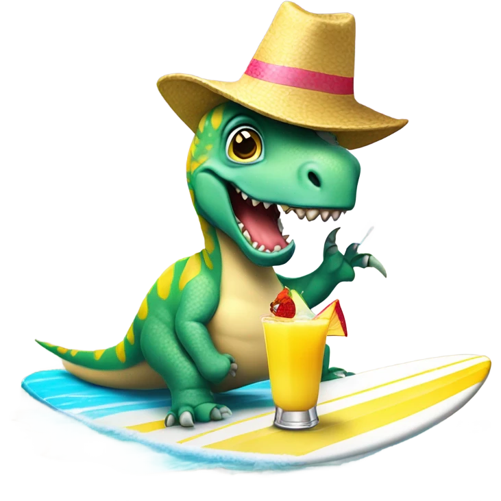 Dinosaur with a party hat on a surfboard drinking piña colada’s ￼ emoji