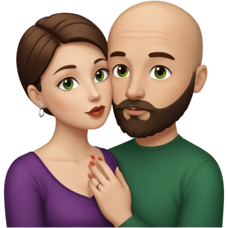 Man beard bald white dark green eyes, woman medium hair brown brown eyed latina kissing emoji