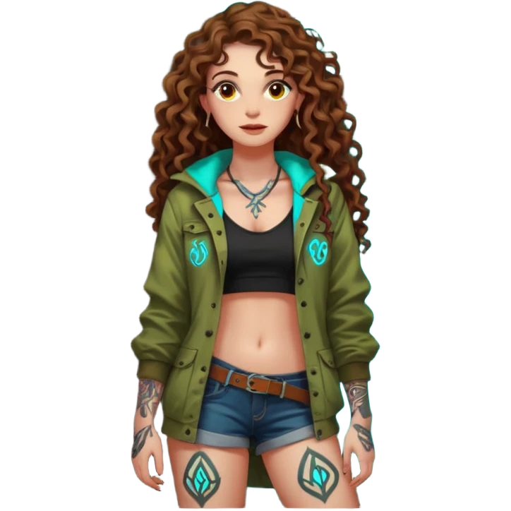full body view of a woman with long curly brown hair, brown eyes, white skin, tattoos, leaning against a tree covered in neon runes, open forest jacket, flirty confident stance emoji