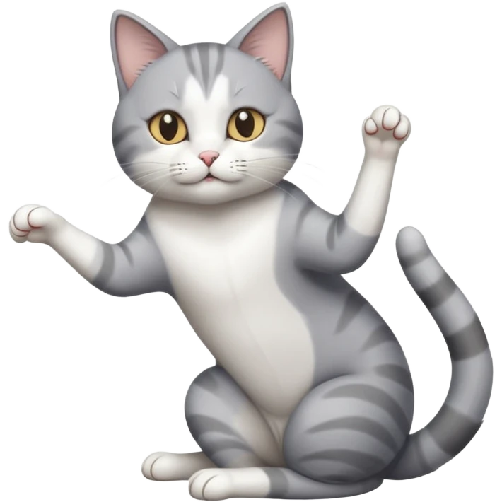 grey and white cat doing a big long stretch emoji