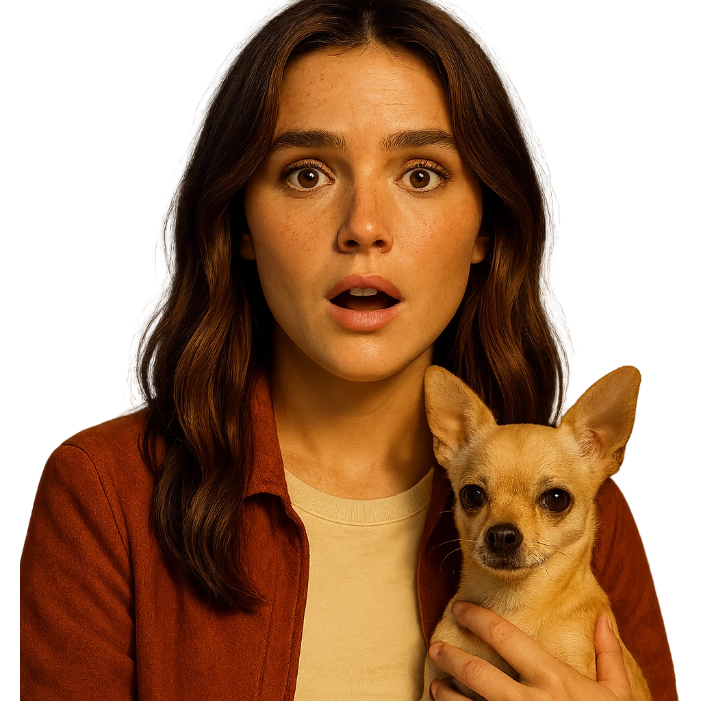 Portrait for Instagram profile picture inspired by the facial features visible in the reference images, with a tanned complexion, subtle freckles, wearing a shirt color #FFF8CA and a rust-colored jacket, medium-length brown hair with auburn highlights, surprised and amazed expression, holding a beige-brown chihuahua, in the style of a Netflix series, intimate Tenerife ambiance, transparent background. emoji