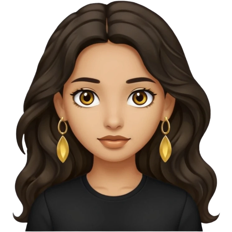 Girl with olive skin, very dark brown eyes and dark wavy long hair. wearing black shirt and gold earrings emoji