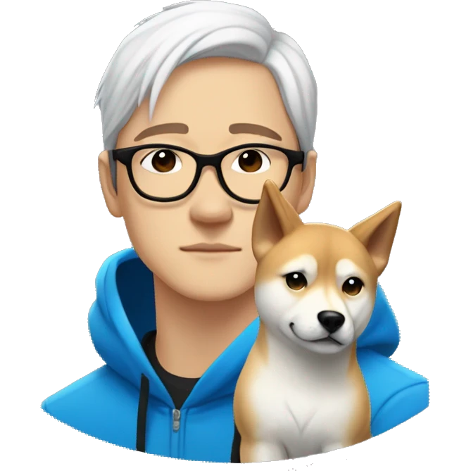 A young guy with long white hair pulled back into a ponytail and white skin and black-framed glasses and nose piercing wearing blue hoodie and a Shiba Inu dog next to him emoji