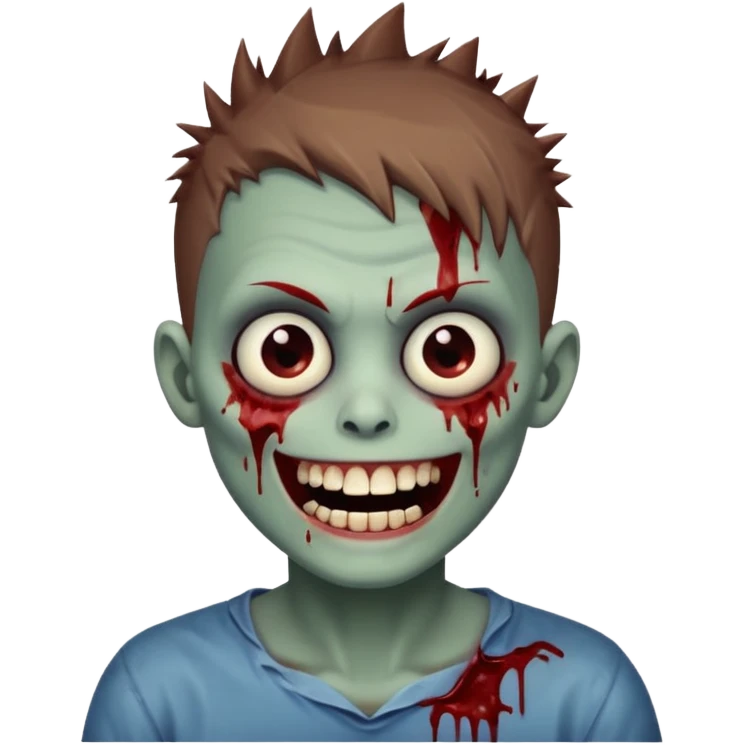 zombie boy with brown short spiky hair, white skin, and white eyes; an open smile, and bloodied teeth; emoji