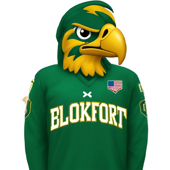 the state university of new york college at brockport's mascot Ellsworth the golden eagle, green beak, green jersey, yellow lettering with "brockport" written on front, in front of a christmas tree emoji