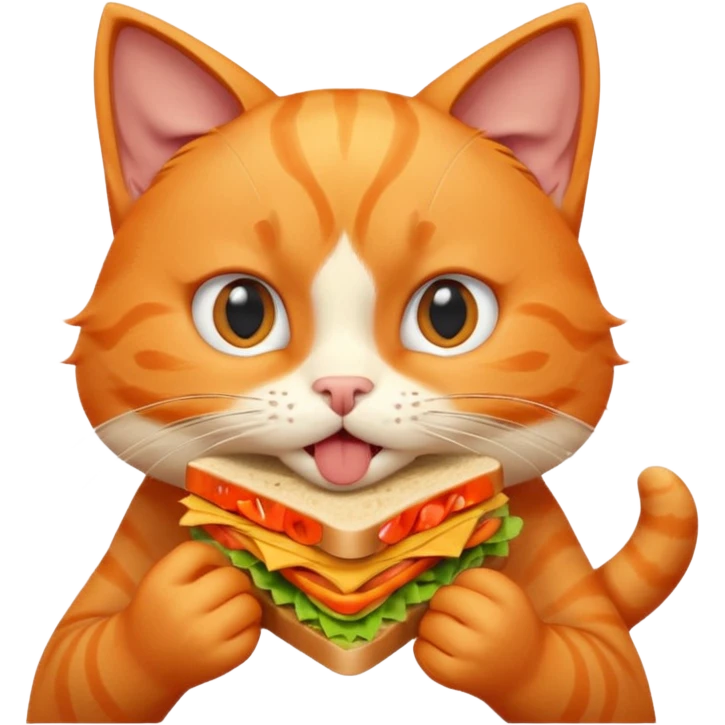 cute orange cat portrait, head and shoulders only, biting a sandwich, funny expression, 3D cartoon, mobile game icon style, clean background, no text, no watermark emoji
