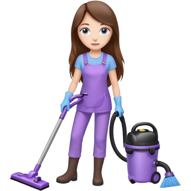 beautiful girl with long brown hair, blue eyes and wearing light purple clothes, cleaning and vacuuming emoji