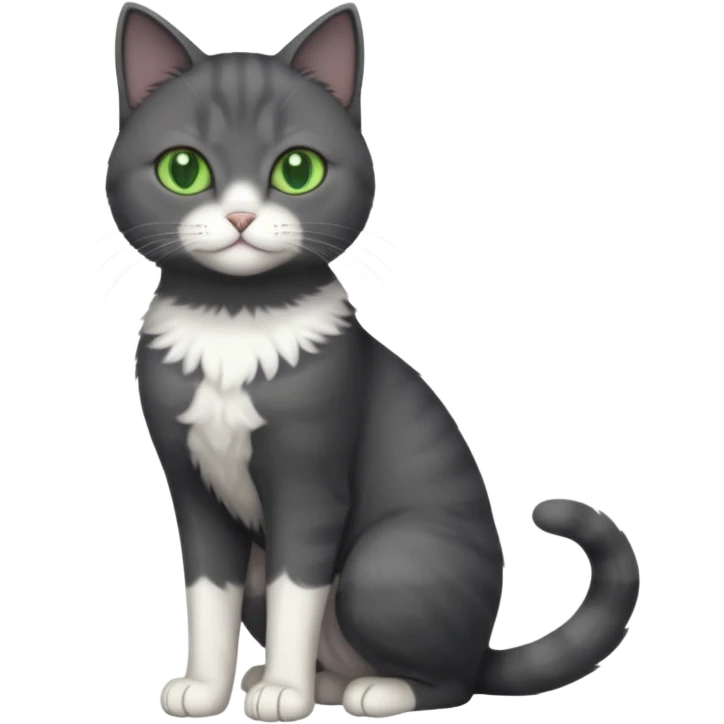 full body view of beautiful female solid dark grey cat with green eyes, white toes and white patch on chest emoji