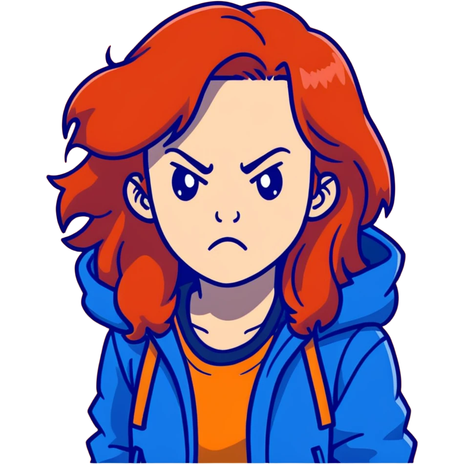 Redhead girl with long hair in blue jacket looking angry emoji
