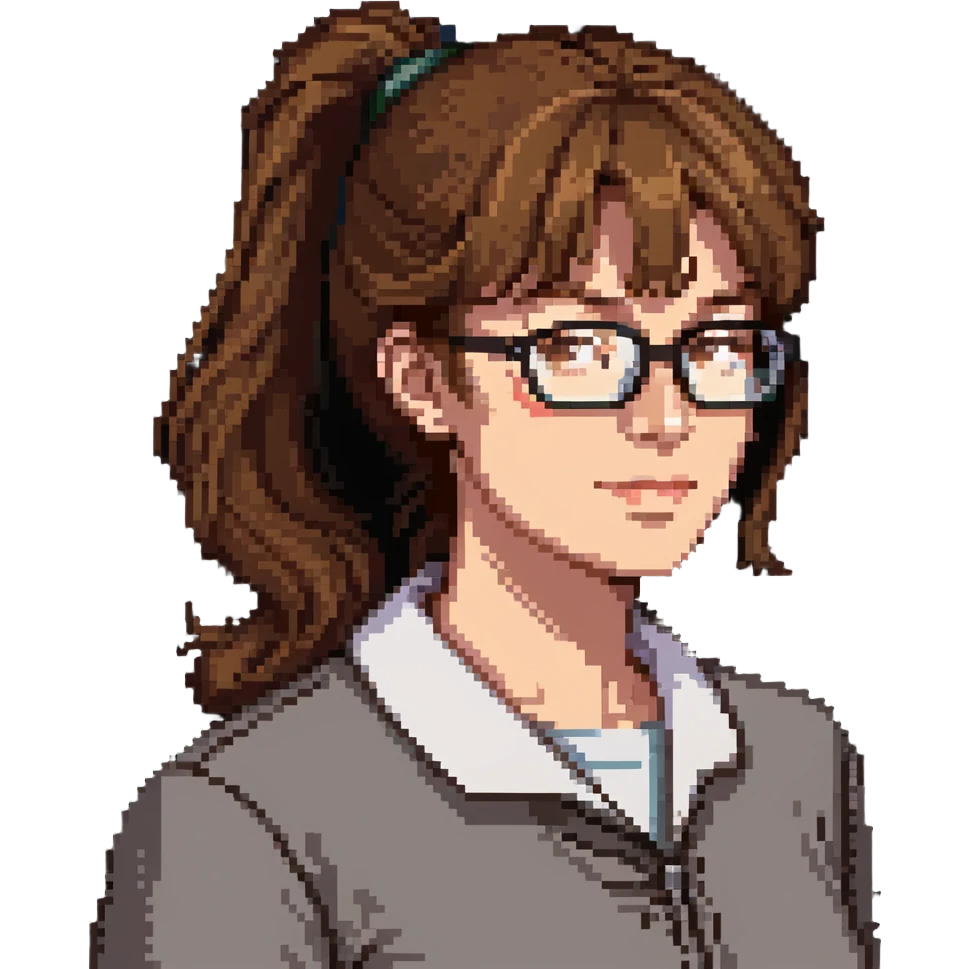 middle-aged science teacher, light brown hair in ponytail with bangs, brown eyes, wearing glasses emoji