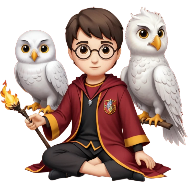 harry potter in gryfinndor uniforn sitting on firebollt hedwig sitting on hand emoji