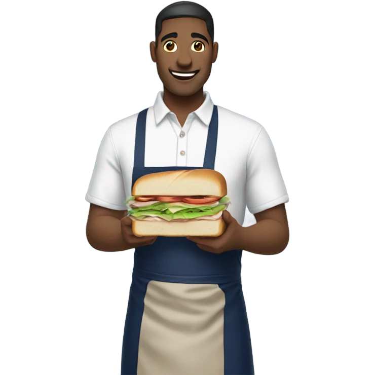 Male man worker with white shirt and navy apron with khakis and hat holding a sandwhich emoji