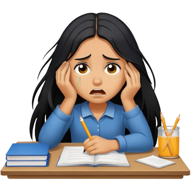 Pretty tanned girl with long black hair, crying out about homework emoji