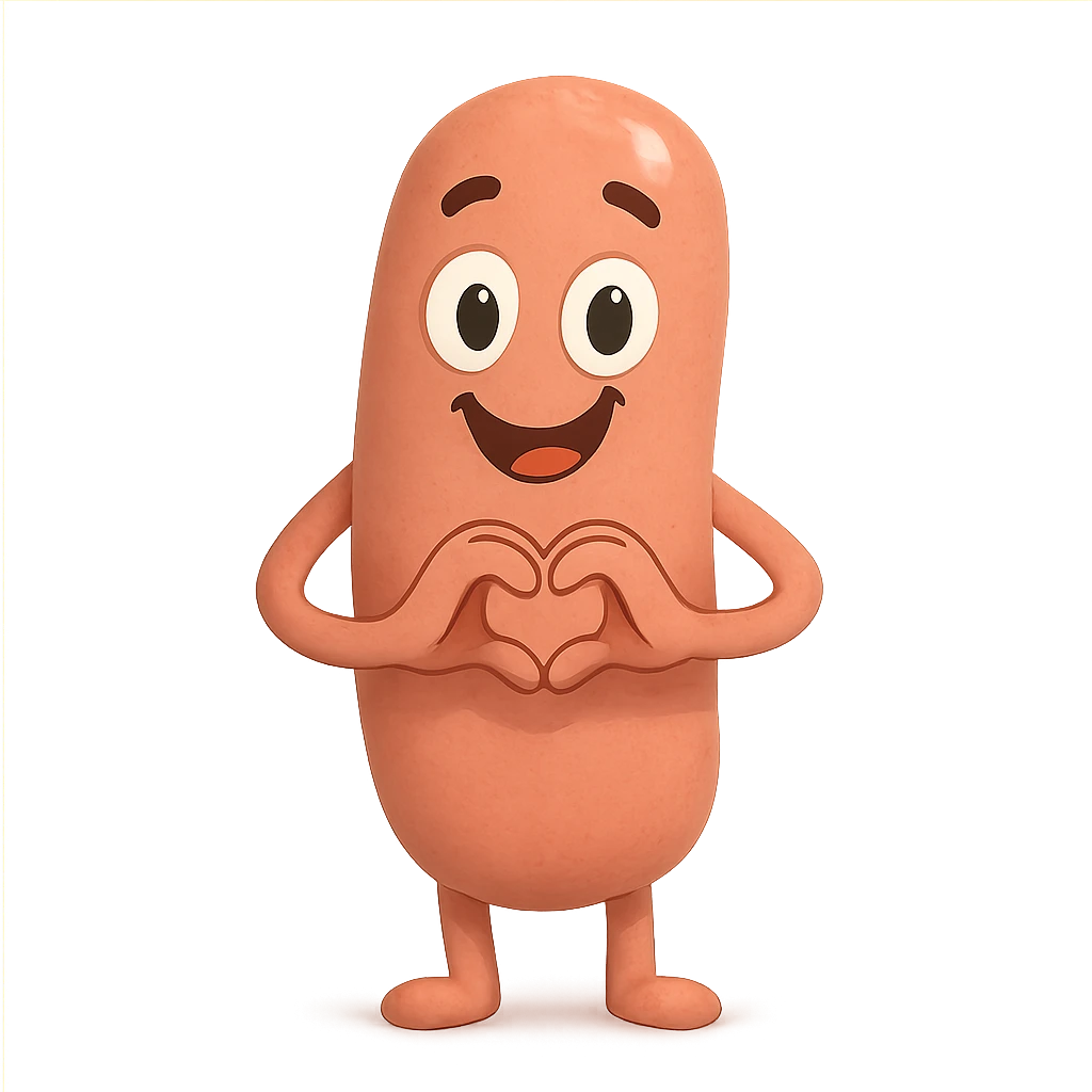 a smiling sausage-shaped humanoid with a pinkish-orange body, simple arms and legs, big eyes, and a happy smile, forming a heart with its hands emoji