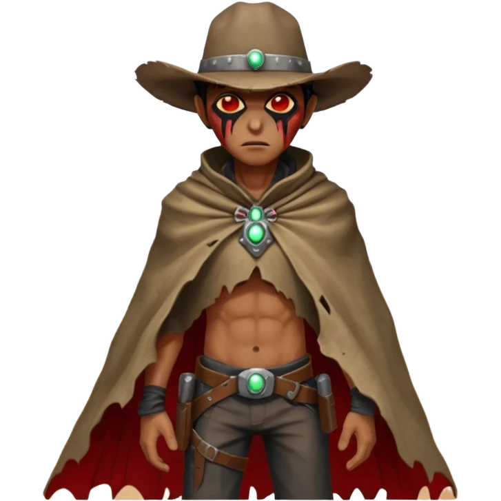 A rugged alien outlaw cowboy with scars and glowing red eyes, torn futuristic poncho, standing in a deserted alien town, dust blowing through empty streets, moody shadows, gritty sci-fi western realism
 emoji