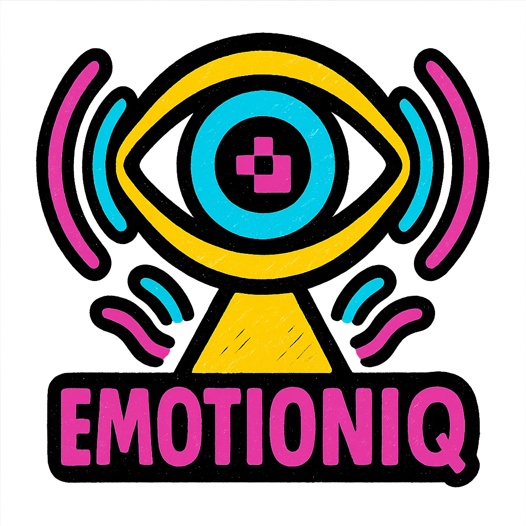 emblem for EmotionIQ: an abstract eye with a digital iris, radiating colorful waves, representing AI analyzing human emotions, futuristic minimal style emoji
