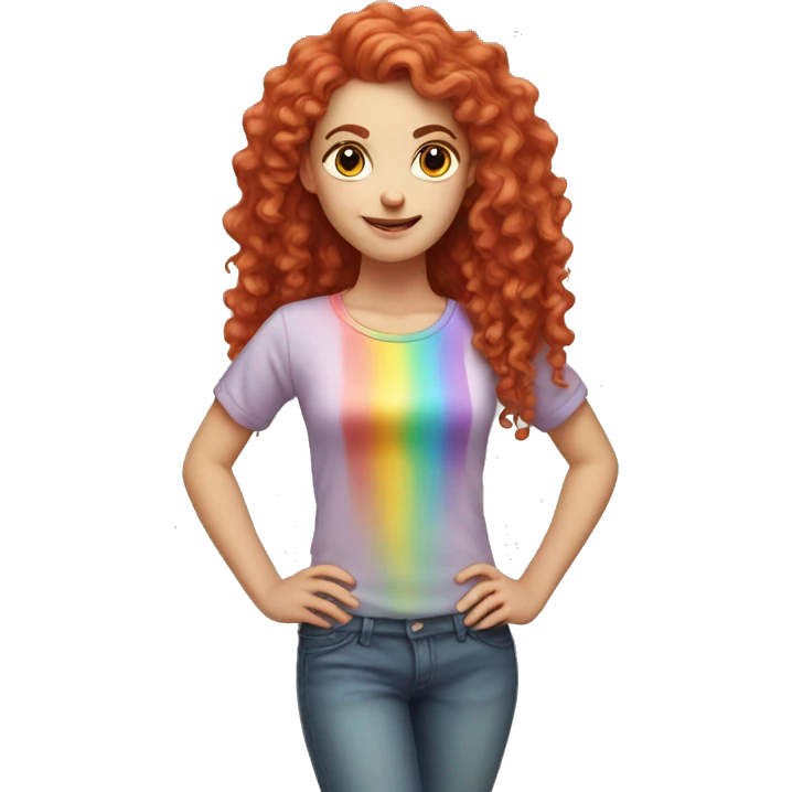 white girl with long red curly hair, wearing a pastel rainbow shirt doing a pose emoji
