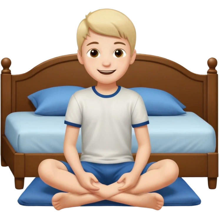 emoji- of a smiley boy sitting on the bed with legs on the floor emoji