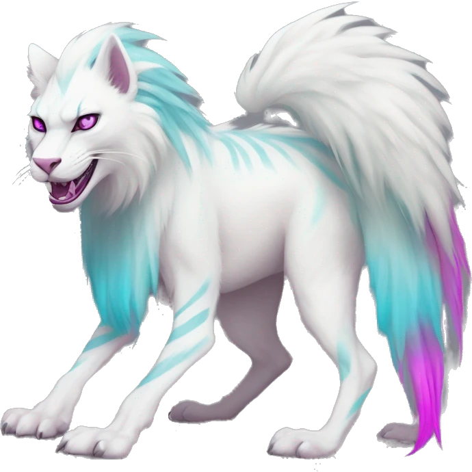 White elegant beautiful natural cute badass epic anthro modern albino Trico-vernid-Fakémon with cyan mane and magenta eyes with cyan edgy stripes, anthropomorphic, two-legged, digitigrade, full body emoji