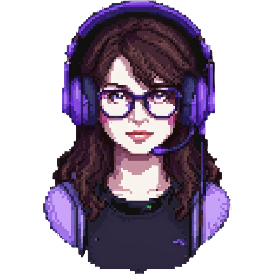 female brunette with glasses and a purple gaming headset, pixel art style emoji