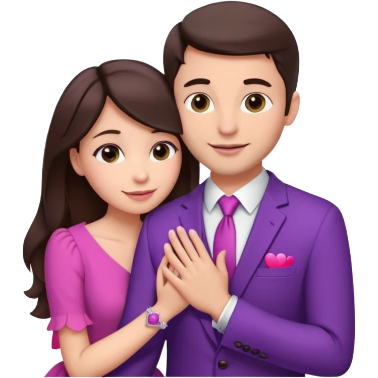 Brunette girl, with an engagement ring on her finger hugging a handsome man, (her boyfriend) both of them happy, she’s wearing a pink dress, he is wearing a suit, he’s also a rich businessman, and there is the 💜 purple heart emoji on top. They look in love with each other emoji