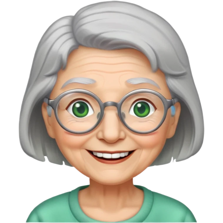 Grandma with grey hair, grey hair, green eyes, glasses smiling with no teeth emoji