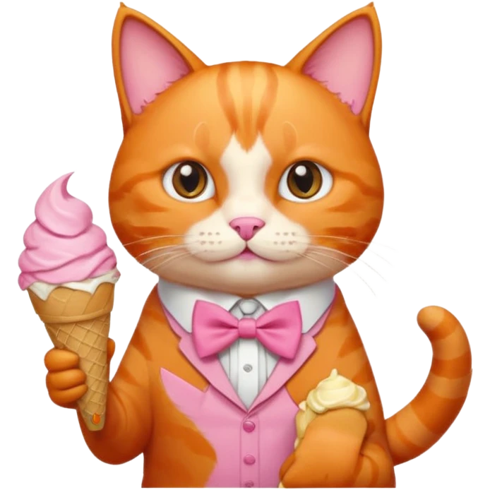 گربه ای نارنجی که لباس و پاپیون صورتی تنشه و بستنی دستشه emoji