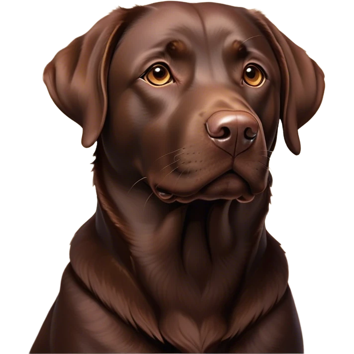 Cinematic Noble Chocolate Labrador Portrait Emoji, Poised and regal, with a robust, muscular build and a rich, glossy chocolate Fur, deep-set soulful brown eyes, Simplified yet sharp and sophisticated features, highly detailed, glowing with a soft, dignified glow, high shine, intelligent and gentle, stylized with an air of confidence, focused and attentive, soft glowing outline, capturing the essence of a watchful and loving companion, so majestic it feels as though it could bound out of the screen with effortless authority! emoji