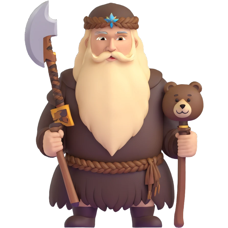Russian pagan warrior with bear fur, battle axe, Slavic sun symbol amulet, long braided beard emoji