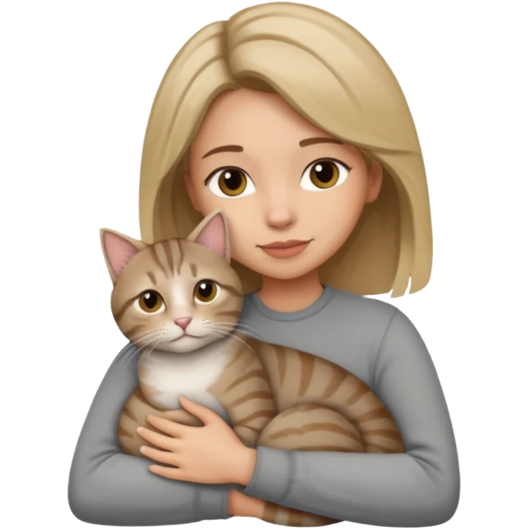 Une femme avec les cheveux dégradée, brun clair et blond, qui fait un câlin à son chat gris, tigré  emoji